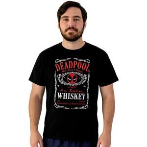 Deadpool "Whiskey Label" Graphic Tee - Black, Size Medium, Funny Marvel T-Shirt